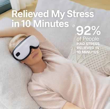 Woman relaxing on a couch wearing an eye massager; text highlights 92% stress relief in 10 minutes using the Eye Massager Eye Massager.