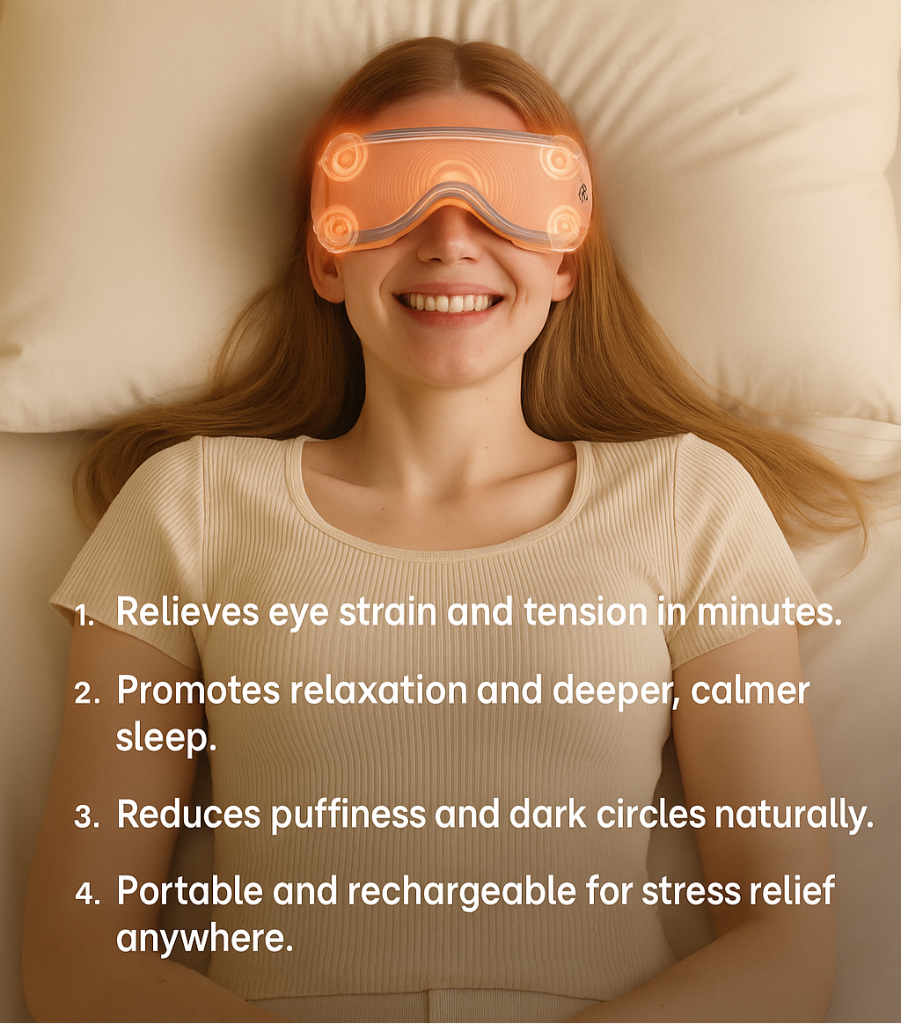 Smiling woman lying down using heated eye massager; text lists benefits like reduced puffiness, better sleep, and portable design.