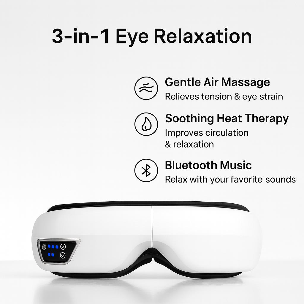 Close-up of white electric eye massager with display; features include air massage, heat therapy, and Bluetooth music for relaxation.