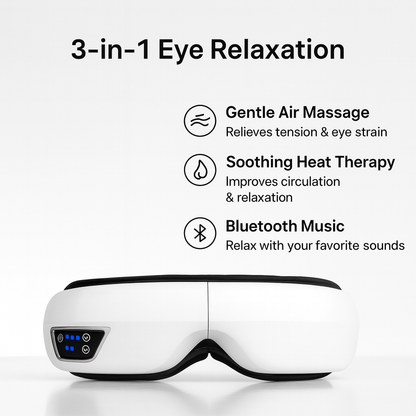 Close-up of white electric eye massager with display; features include air massage, heat therapy, and Bluetooth music for relaxation.