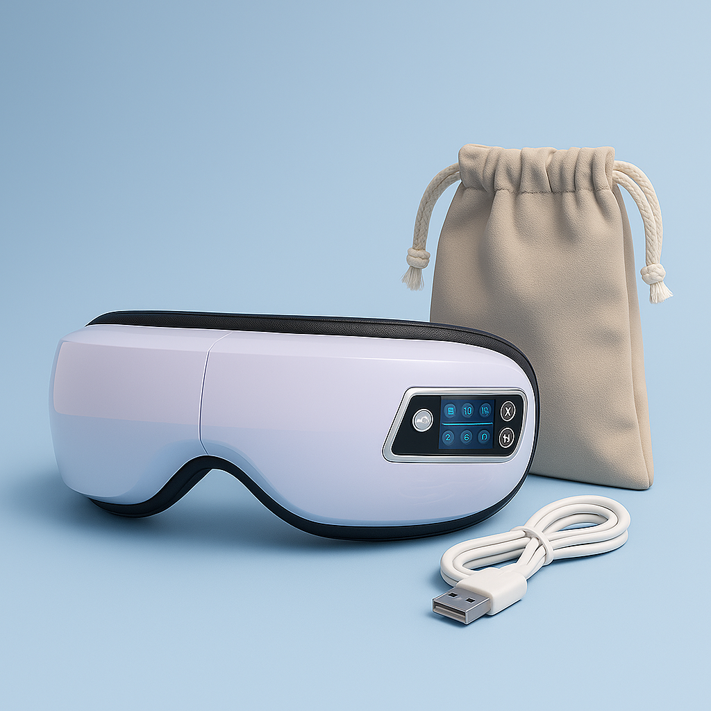 Electric eye massager with digital controls, USB charging cable, and travel pouch for stress relief and eye strain reduction.