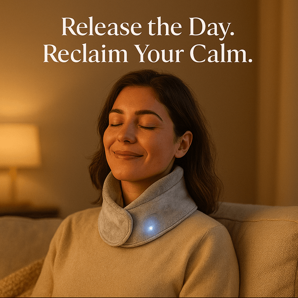 Woman relaxing with Heating neck wrap Heating neck wrap Heating neck wrap, promoting calm and tension relief for neck and shoulders.